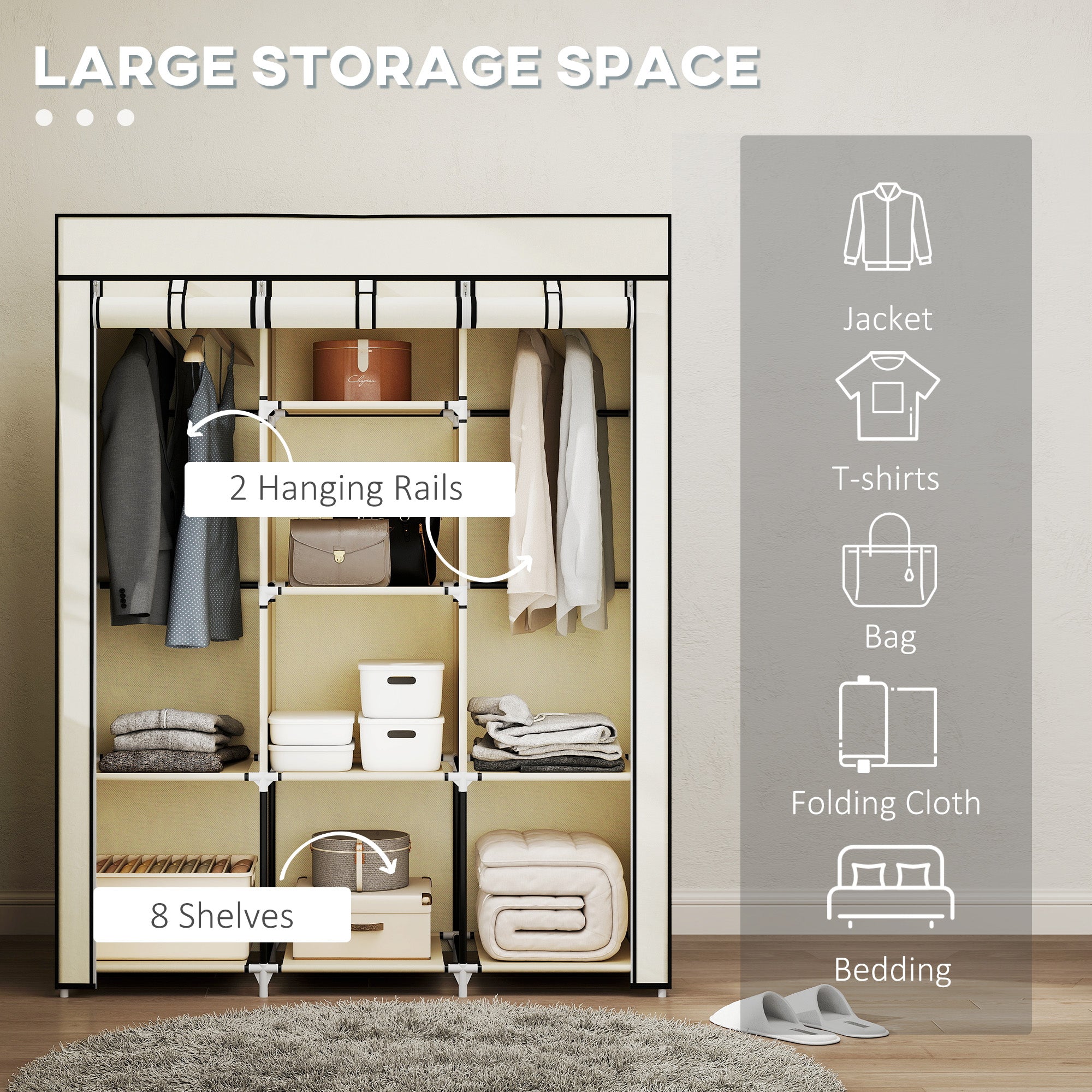 Fabric Wardrobe, with Rails and Shelves - Cream White