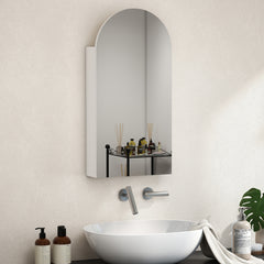 Fynco - Arched Bathroom Mirror Cabinet with Adjustable Glass Shelves - White