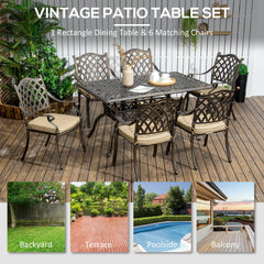 7 PCs Garden Patio Dining Set with Parasol Hole, Cast Aluminium Outdoor Furniture Set with Six Cushioned Chairs and Rectangle Dining Table, for Garden, Lawn, Deck, Bronze Tone