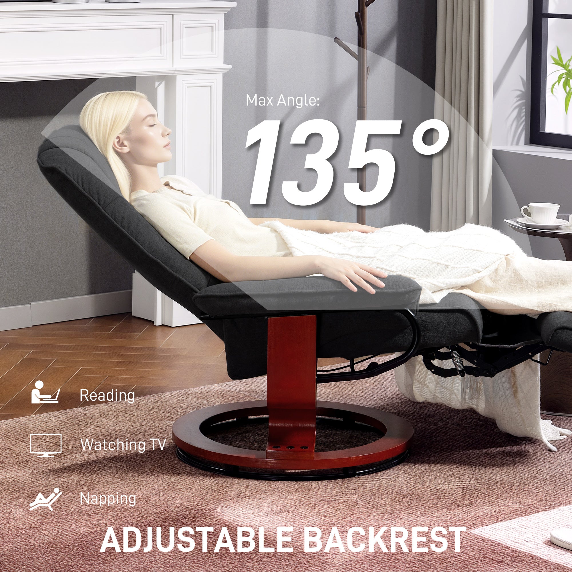 Fynco - Reclining Swivel Chair, with Footrest - Black