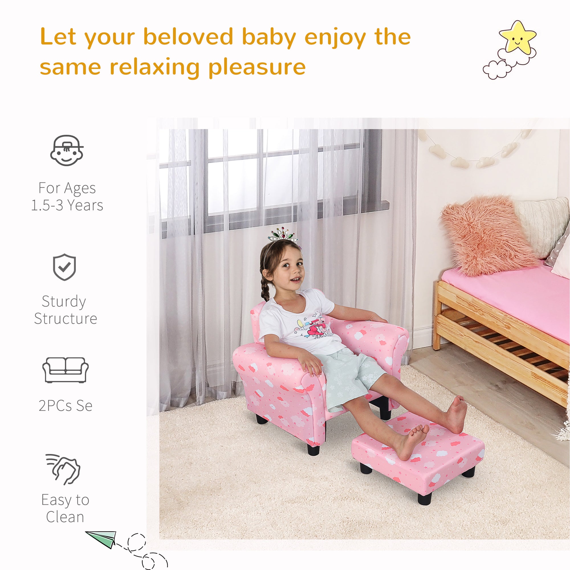 Toddler Chair Children's Armchairs Wood Frame w/ Footrest Anti-Slip Legs High Back Arms for Bedroom Playroom Cute Cloud Star Pink