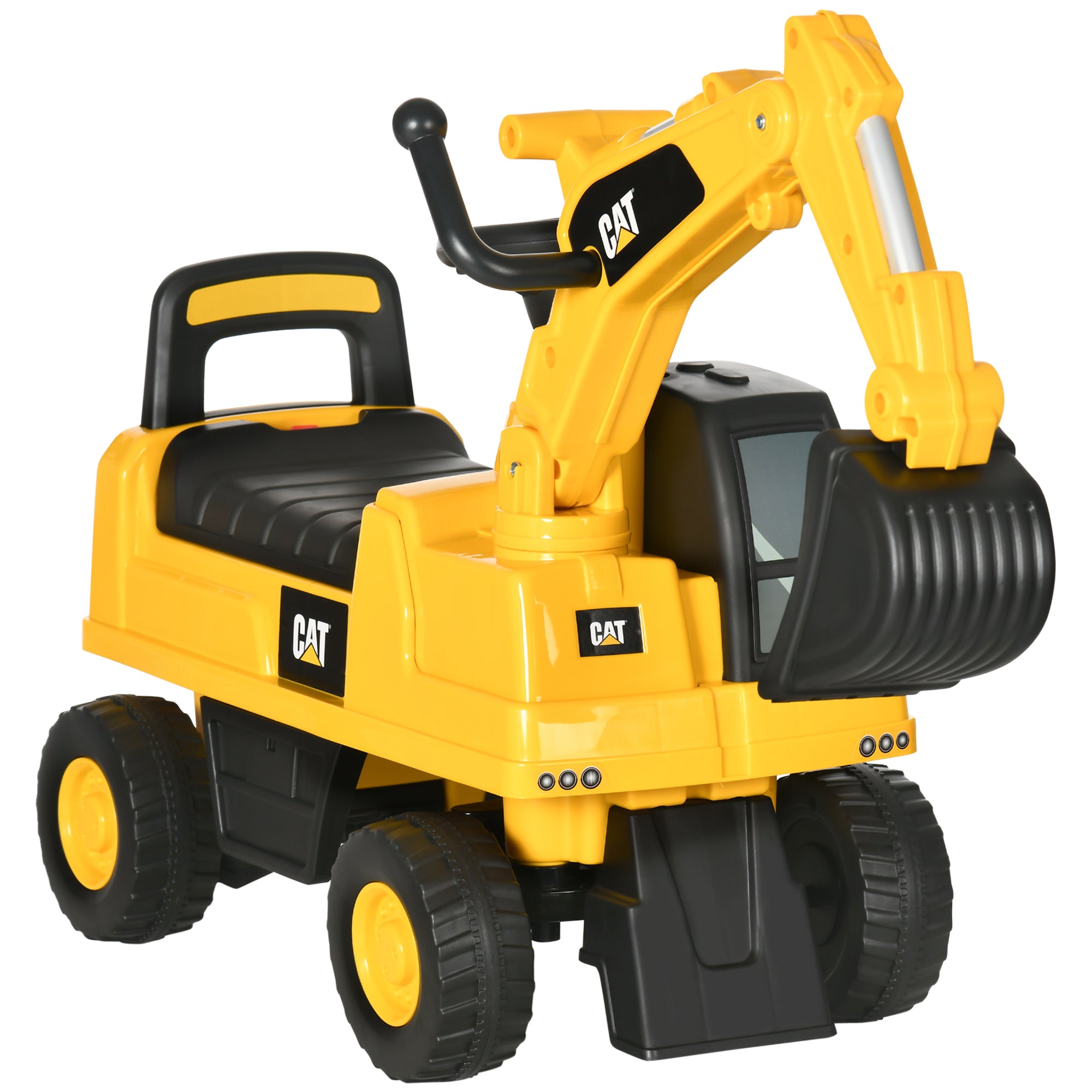CAT Licensed Kids Ride on Digger Toddler Pretend Construction Play Toy Foot-To-Floor Ride-On Toy w/ Manual Shovel, Horn, Hidden Storage, for Ages 1-3 Years