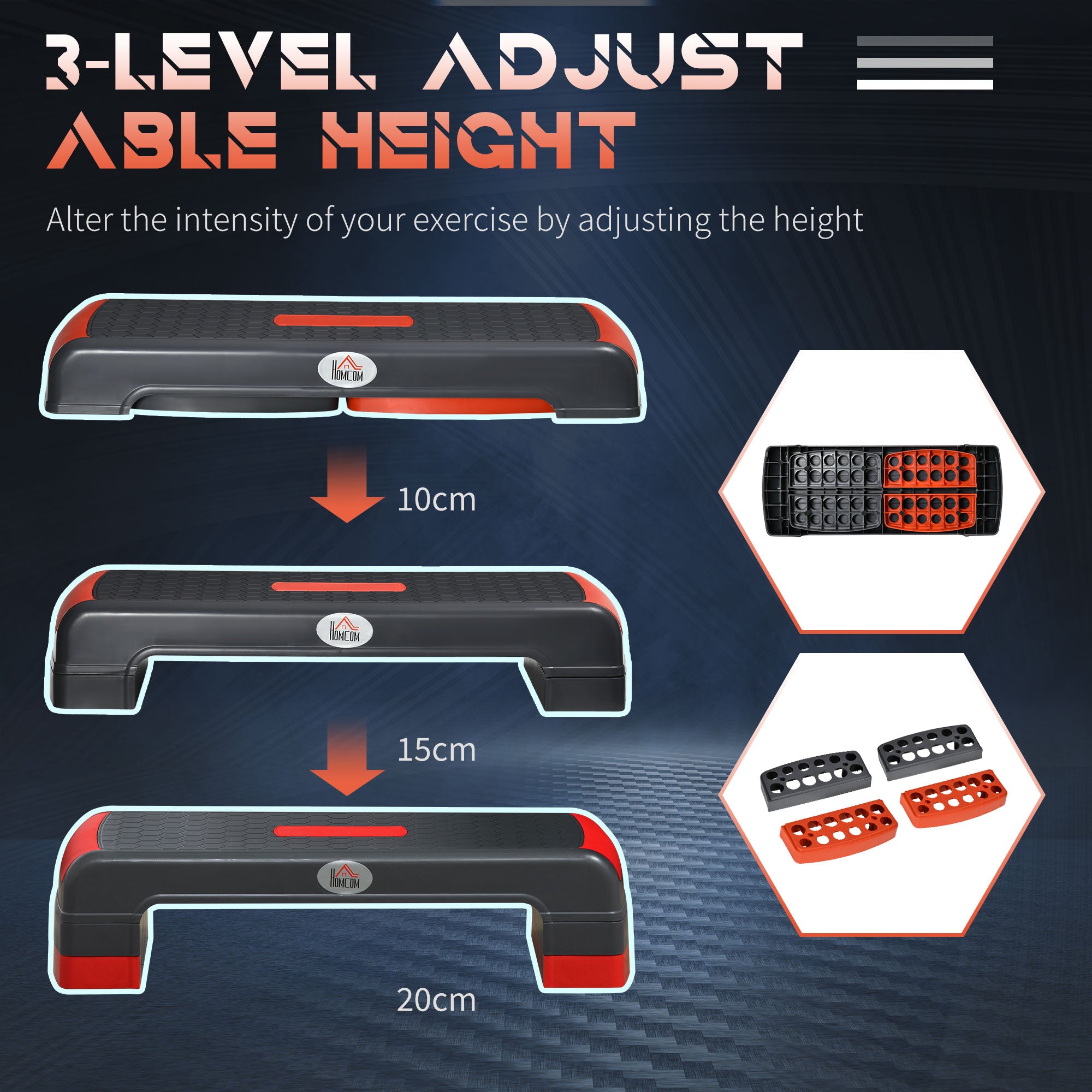 Aerobic Step, 10cm, 15cm & 20cm Height Adjustable Exercise Stepper for Exercise Workout, Nonslip Step Board Great for Home & Office, Grey and Red