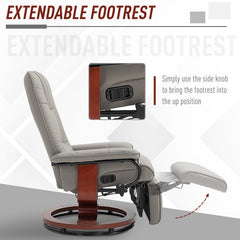 360° Swivel Recliner Chair with Footstool, Manual Recliner Armchair with Wooden Base, Faux Leather Upholstered Reclining Chair for Living Room, Bedroom, Office, Grey