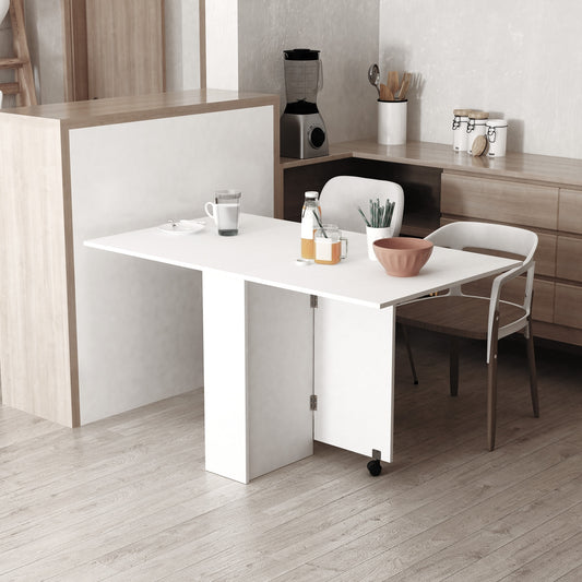 Folding Dining Table, Drop Leaf Table with 2-Tier Shelves, Rolling Casters, for Small Spaces, Kitchen, White
