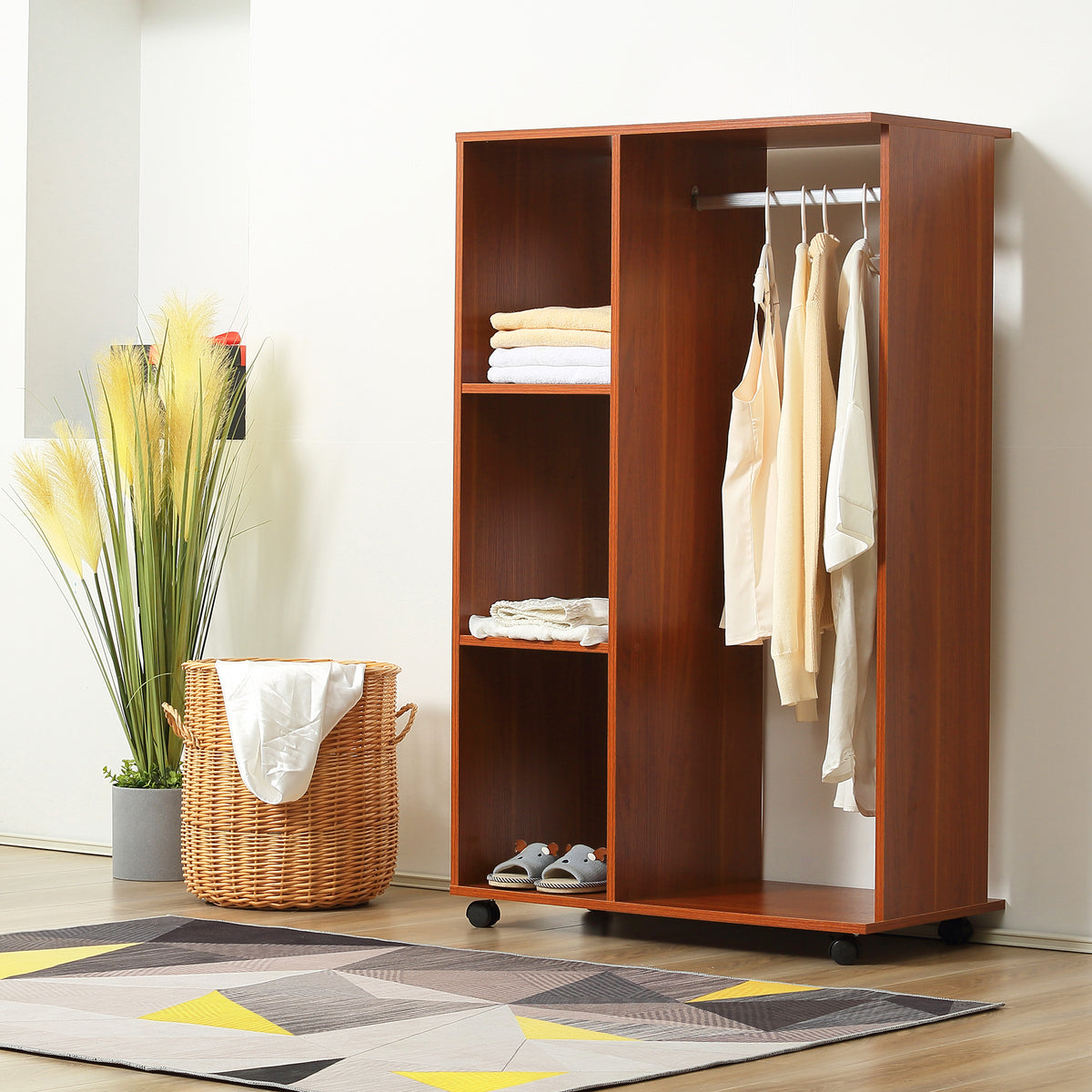 Open Wardrobe on Wheels, Bedroom Wardrobe with Clothes Hanging Rail, 3 Storage Shelves, Mobile Garment Rack for Cloakroom, Hallway, Walnut