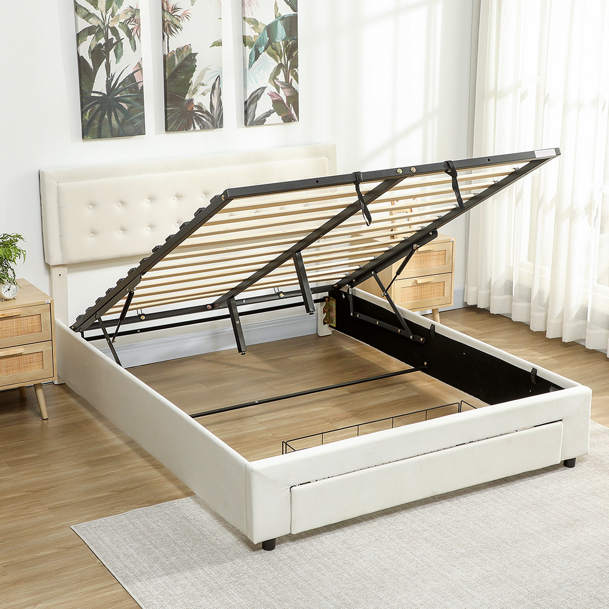 Fynco - King Size Ottoman Bed Frame, with Front Drawer - Cream