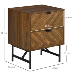 Bedside Table with Two Drawers, Side Cabinet Storage Unit with Metal Handles, Organisation Furniture for Living Room, Bedroom, Walnut Brown