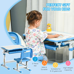 Kids Desk and Chair Set, Height Adjustable Student Writing Desk, Children School Study Table with Tiltable Desktop, Drawer, Pen Slot, Hook - Blue