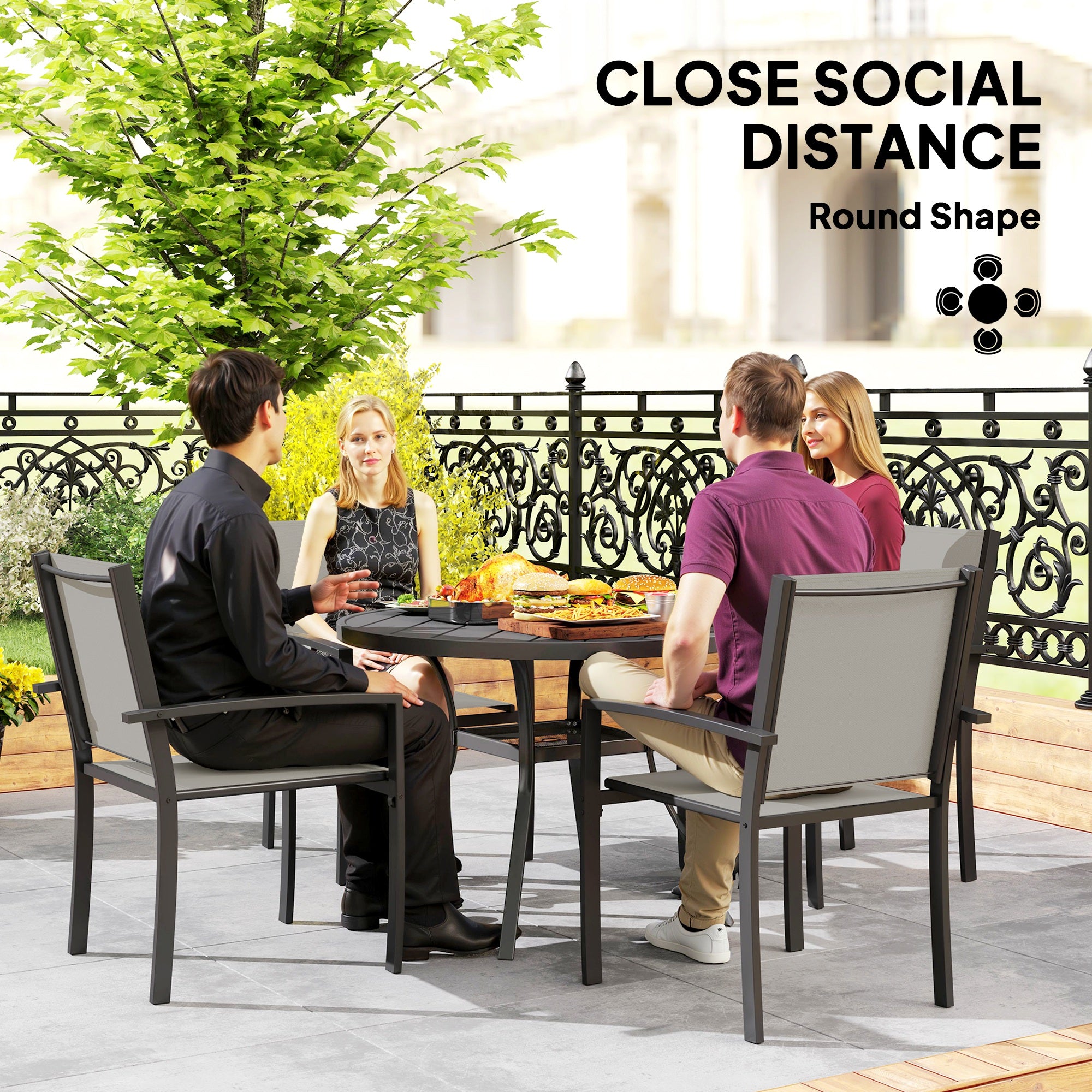 5 Piece Garden Furniture Set, Garden Dining Set with Round Table and 4 Stackable Chairs, Steel Frame, for Outdoor, Patio, Terraces, Dark Grey