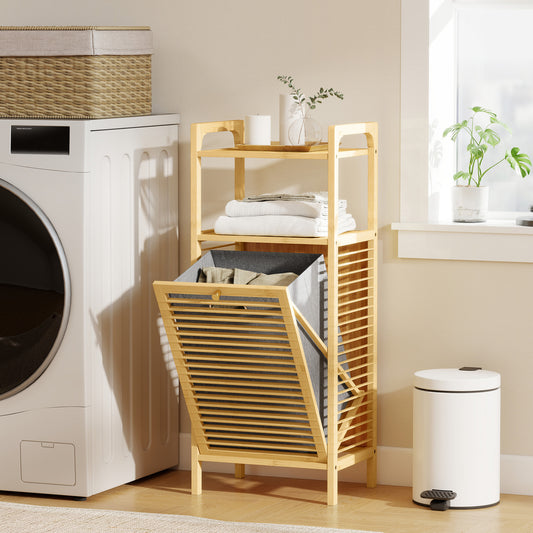 Fynco - Bamboo Laundry Cabinet with Slatted Door, Bathroom Cabinet with Tilt-Out Hamper and Removable Liner Bag, 40 x 30D x 95 cm, Natural Wood Finish