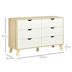 Bedroom Chest of Drawers, Wide 6-Drawer Dresser, Storage Drawer Unit with Wood Legs for Living Room, White and Light Brown