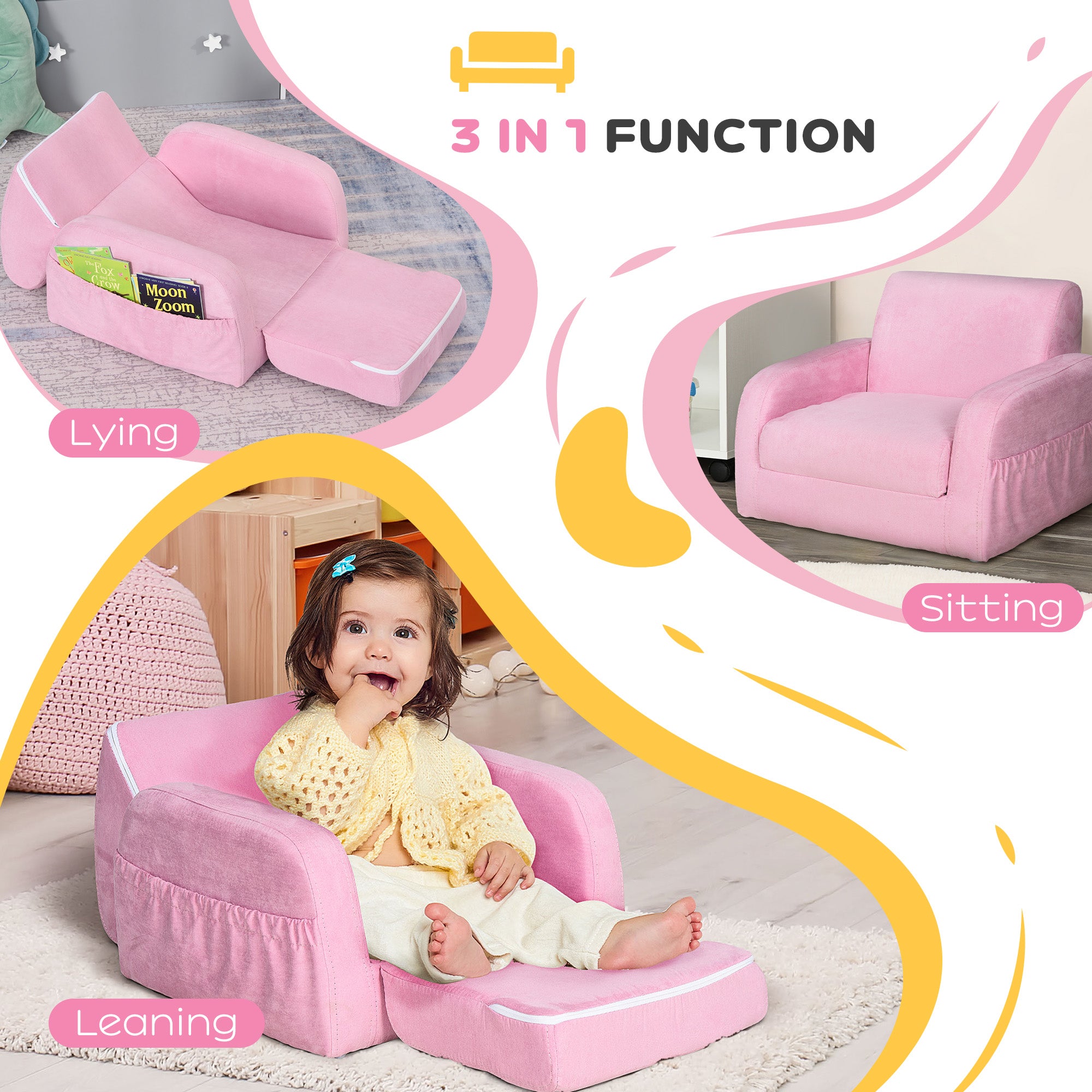 2-in-1 Kids Armchair, Toddler Sofa Bed, with Wood Frame, for Bedroom, Playroom - Pink