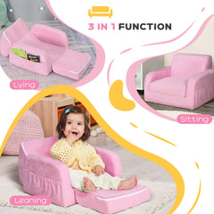 2-in-1 Kids Armchair, Toddler Sofa Bed, with Wood Frame, for Bedroom, Playroom - Pink