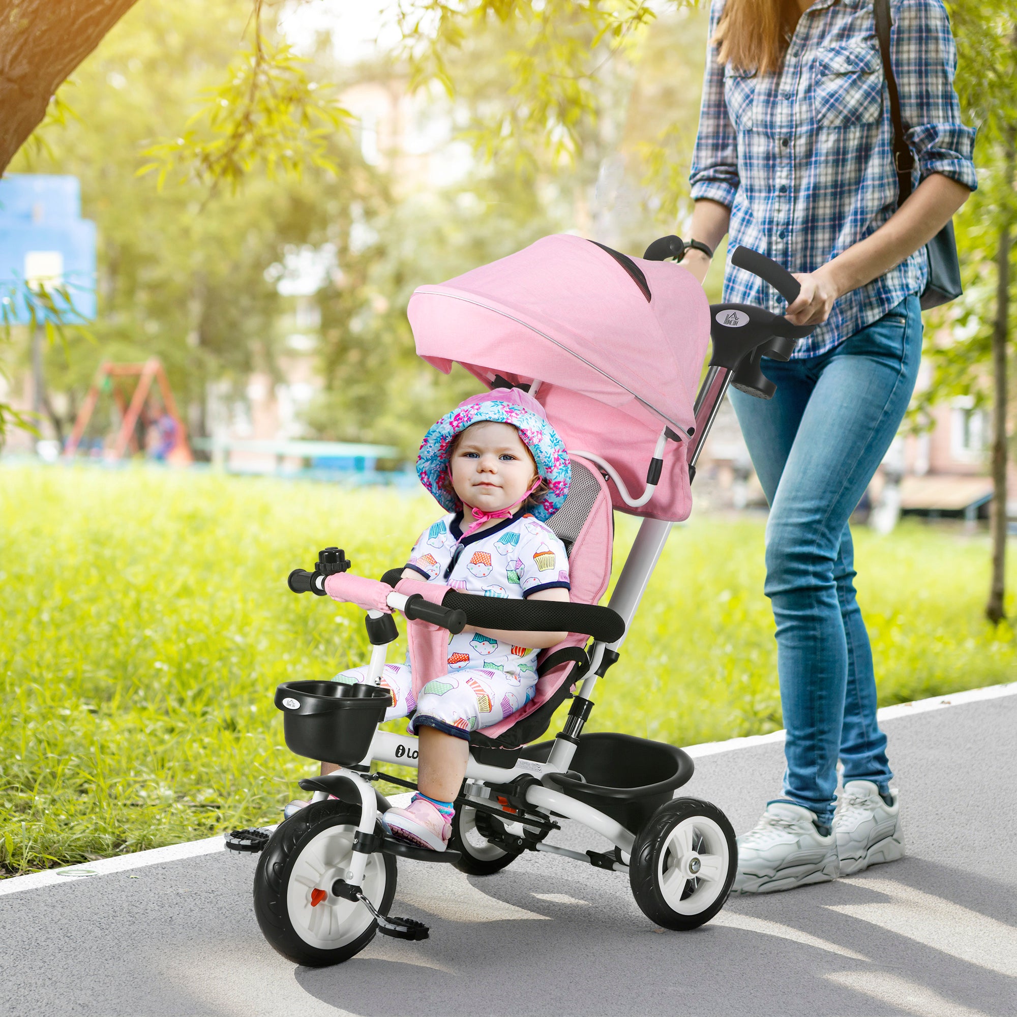 Metal Frame 6 in 1 Baby Push Tricycle with Parent Handle for 1-5 Years Old, Pink