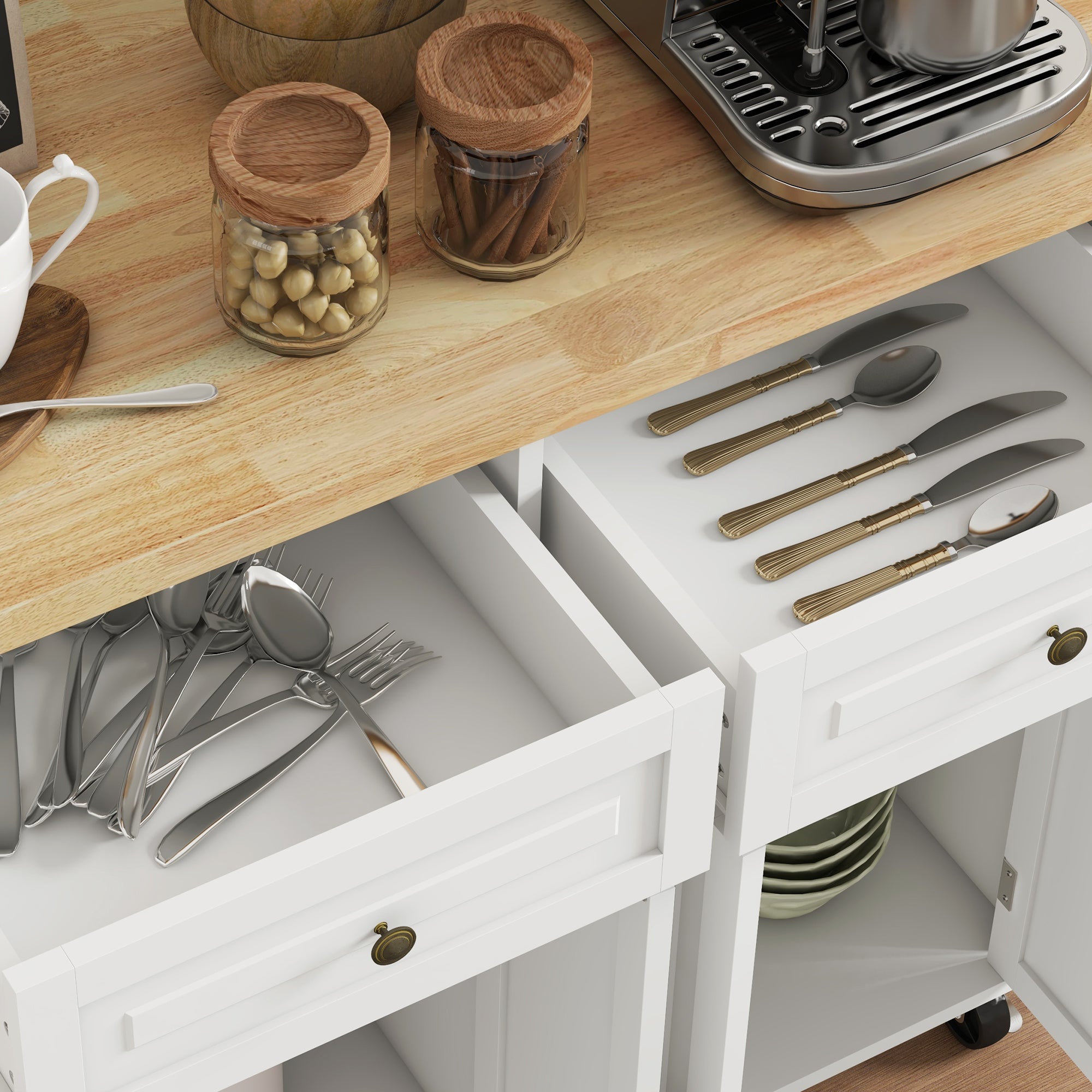 Rolling Kitchen Island Storage Trolley with Rubber Wood Top & Drawers for Dining Room, Cream White