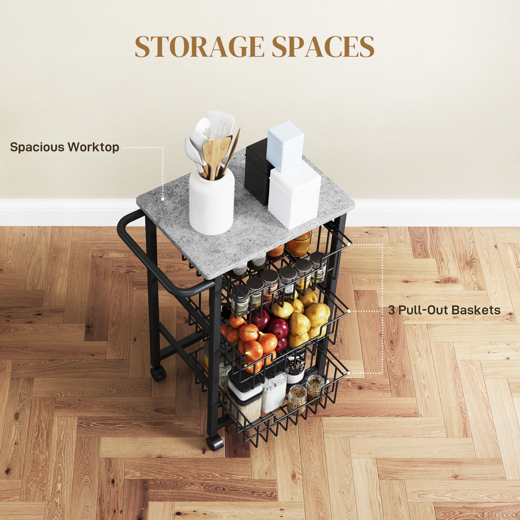 Three Basket Mobile Kitchen Island, with Brakes - Grey/Black