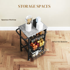 Three Basket Mobile Kitchen Island, with Brakes - Grey/Black