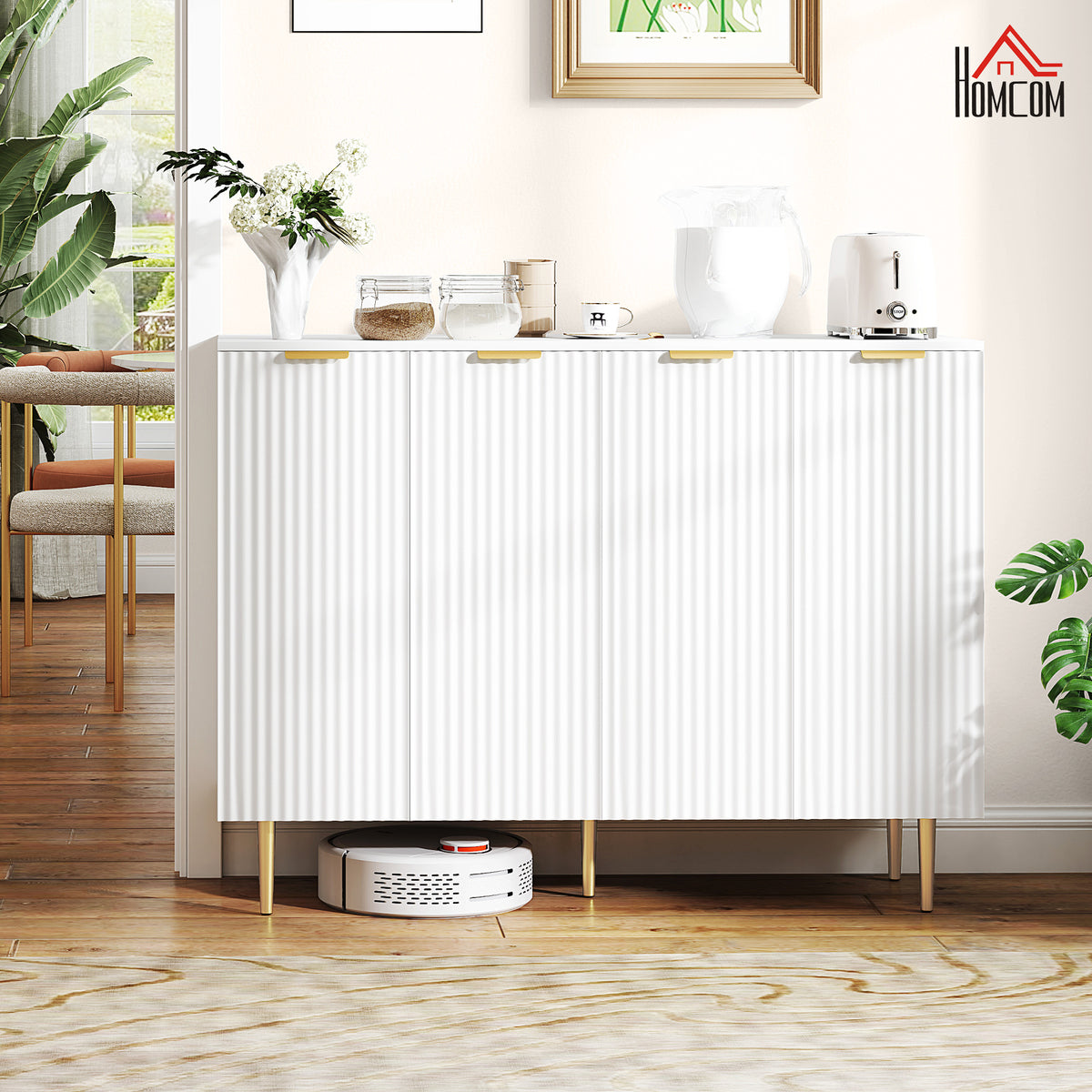 Sideboard Buffet Cabinet, Modern Kitchen Storage Cabinet with 4 Doors and Adjustable Shelves, Living Room Cabinet with Metal Legs for Hallway, White