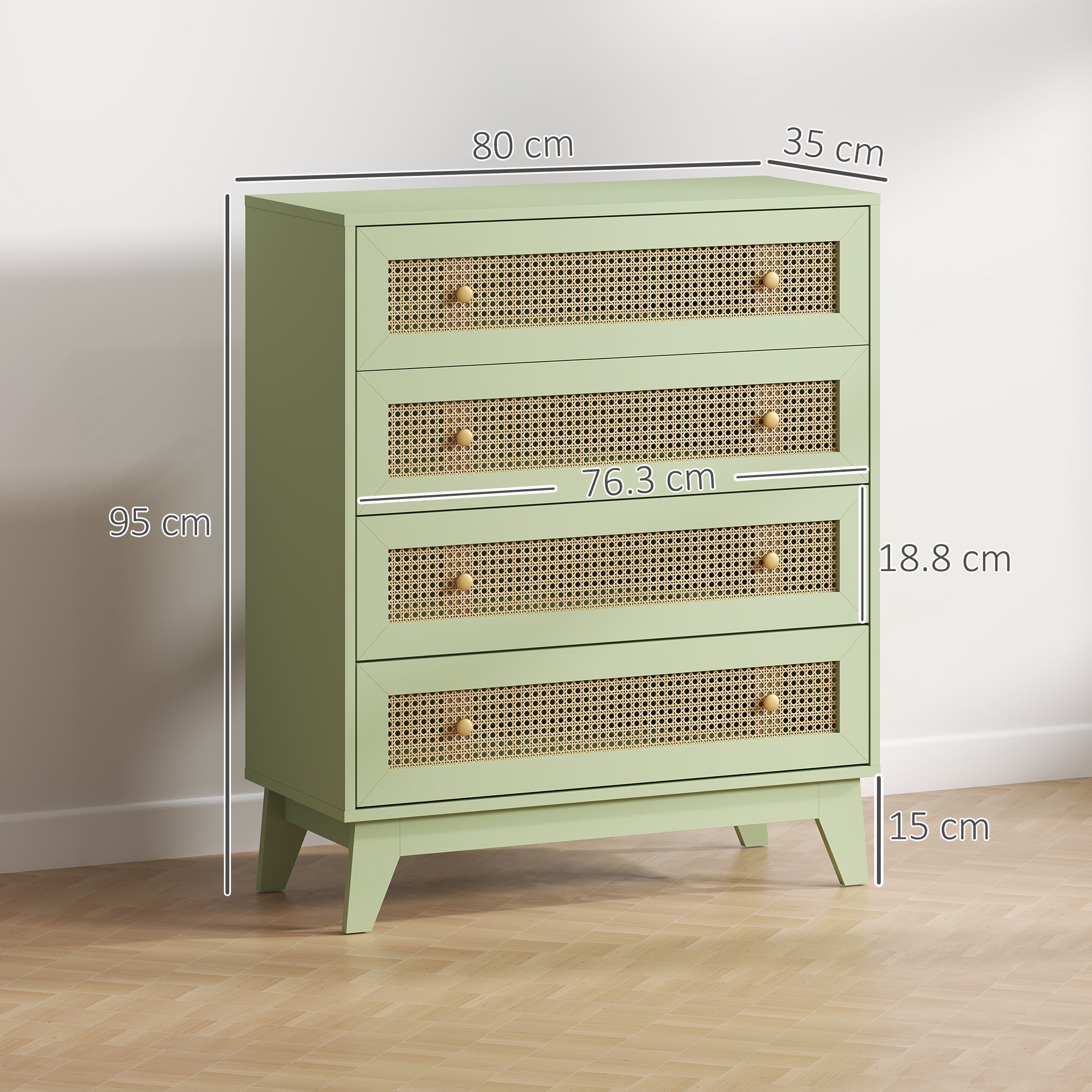 Chest of Drawers, 4-Drawer Storage Organiser Unit with Rattan Element for Bedroom, Living Room, Light Green