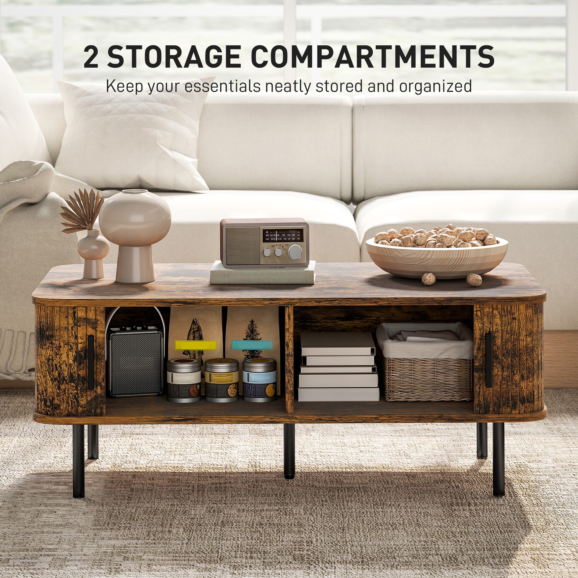 Coffee Table with Storage, Living Room Table with Slatted Tambour Sliding Doors and Foot Pads, Rectangular Coffee Table with Elevated Base for Living Room, Rustic Brown