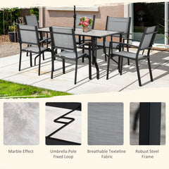 7 Pieces Garden Dining Set, 6 Seater Garden Table and Chairs with Parasol Hole, Outdoor Furniture Armchairs and Stone-like Plastic Top Table with Breathable Mesh Fabric Seat, Grey