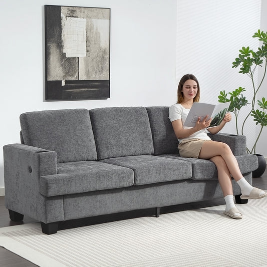 Fynco - 3 Seater Sofa with USB Ports & Cup Holders - Grey