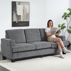 Fynco - 3 Seater Sofa with USB Ports & Cup Holders - Grey