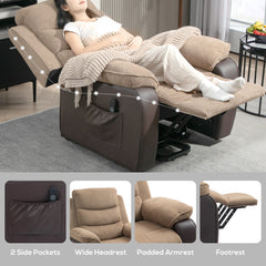Power Lift Recliner Chair for Elderly, Patchwork Design Oversized Electric Riser and Recliner Armchair for Living Room with Remote Control, USB Port and 2 Side Pockets, Brown