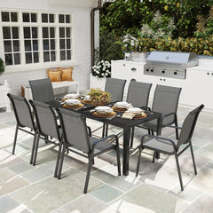 8 Seater Garden Dining Set with Stacking Chairs, Rectangular Tempered Glass Top, Garden Furniture Set, Outdoor Dining Table and Chairs for Patio, Balcony, Poolside, Dark Grey