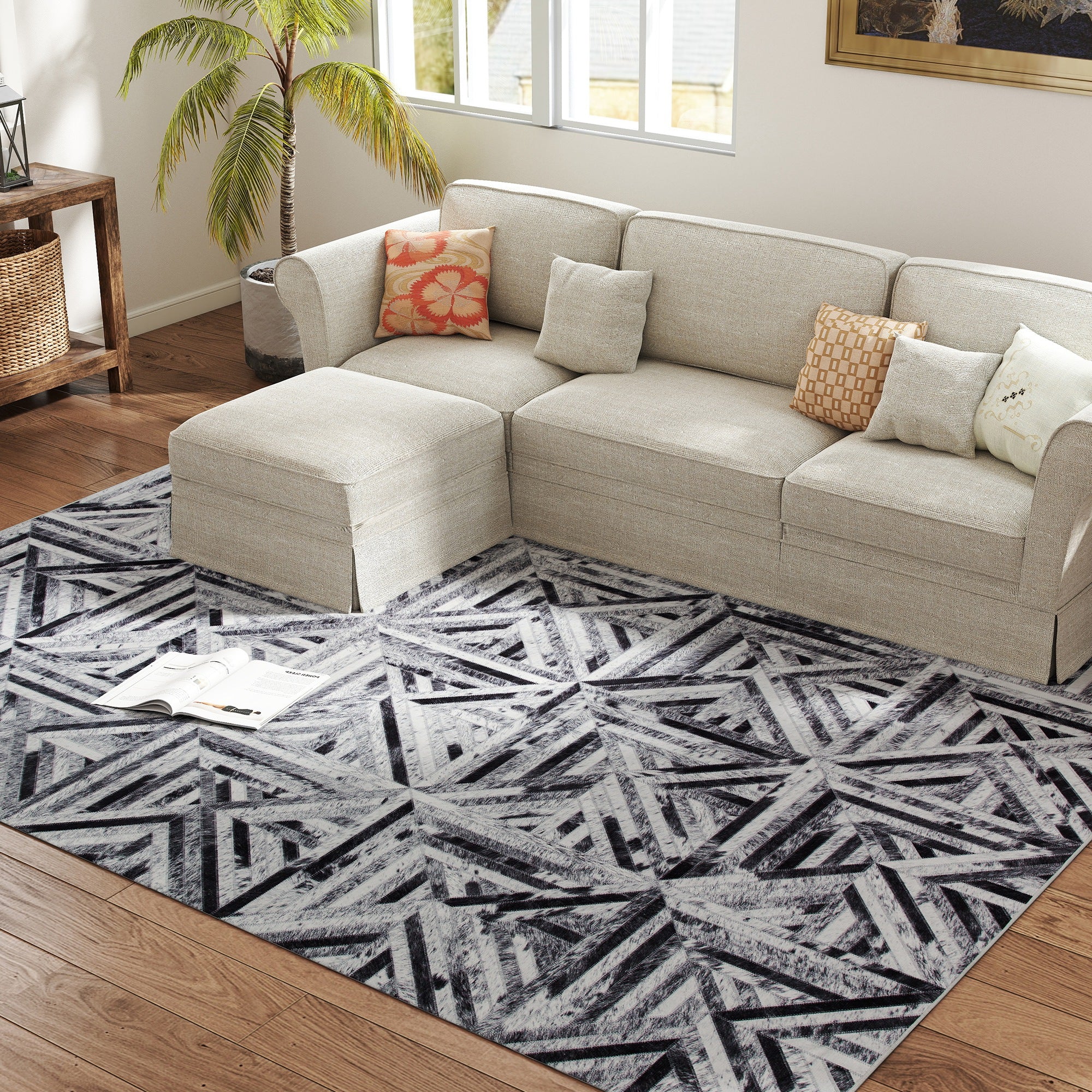 Fynco - Modern Area Rug, Triangle Pattern Non-Slip Washable Rug, Chenille Floor Carpet for Living Room, Bedroom, Dining Room, Home Office, 290 x 200 cm, Black