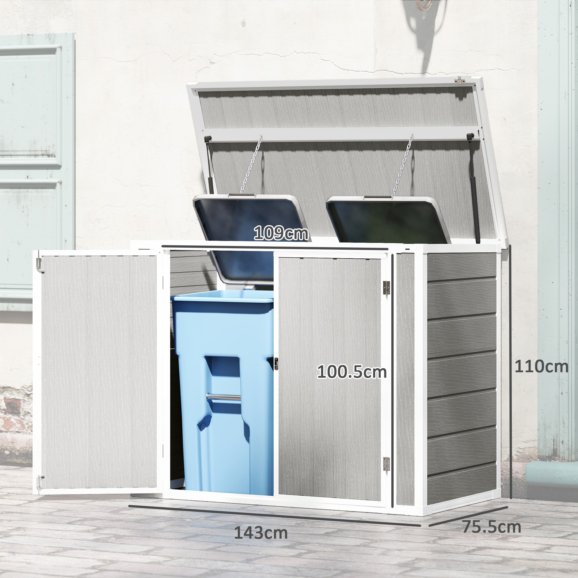 4.7 x 2.5FT Garden Shed, Lockable Outdoor Storage with Openable Lid, Small Shed for 2 Trash Cans, Tools, Patio, Light Grey