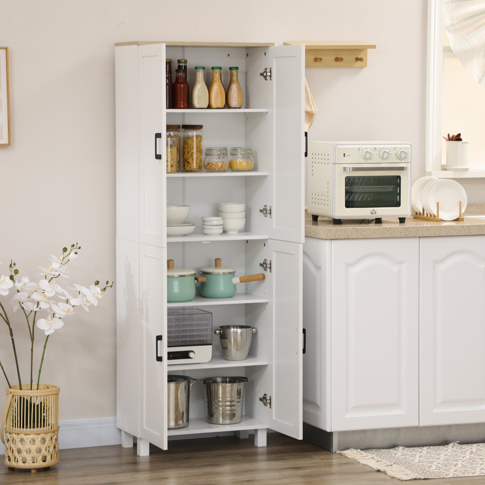 Freestanding Kitchen Cupboard, 4-Door Storage Cabinet Organizer with Adjustable Shelves White