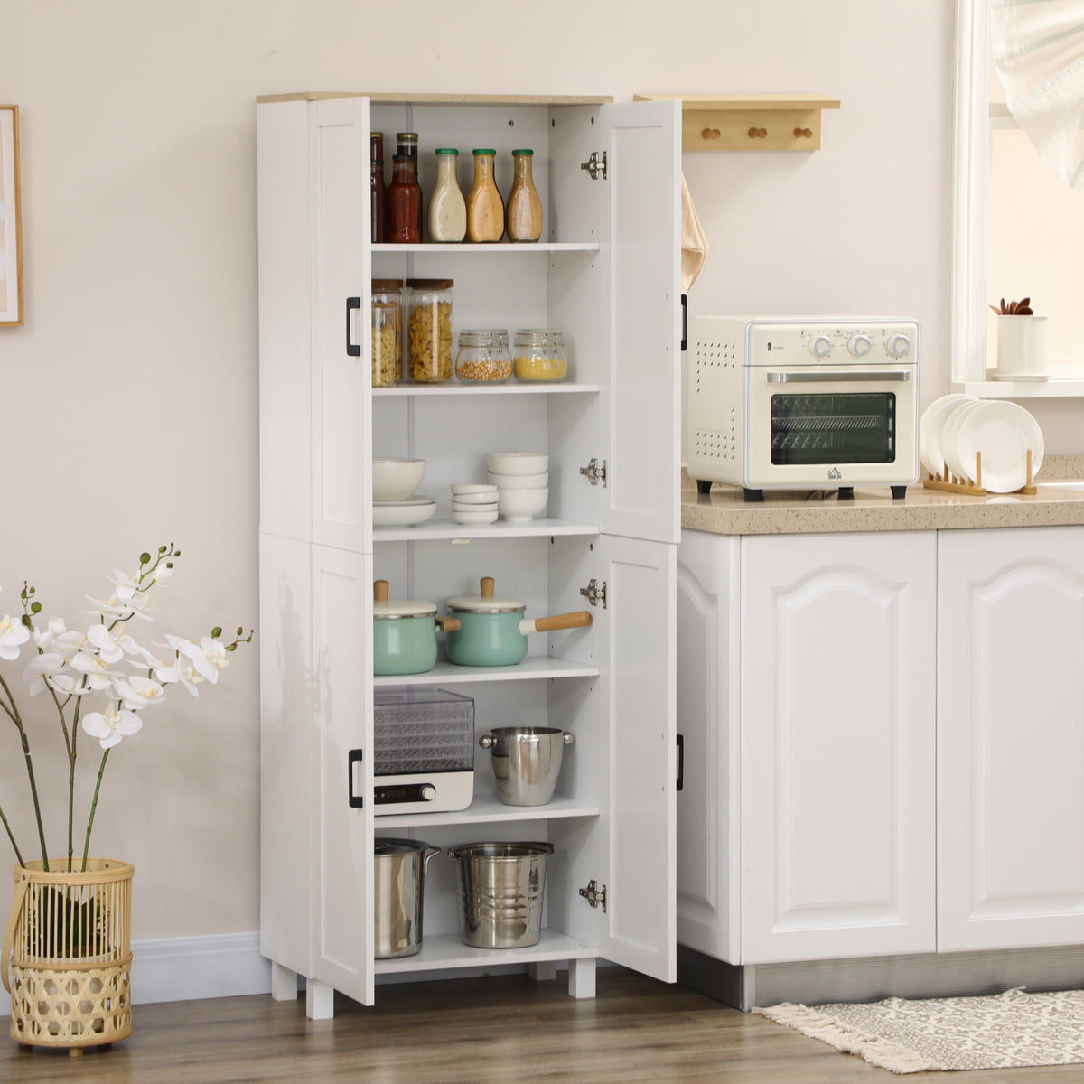 Freestanding Kitchen Cupboard, 4-Door Storage Cabinet Organizer with Adjustable Shelves White