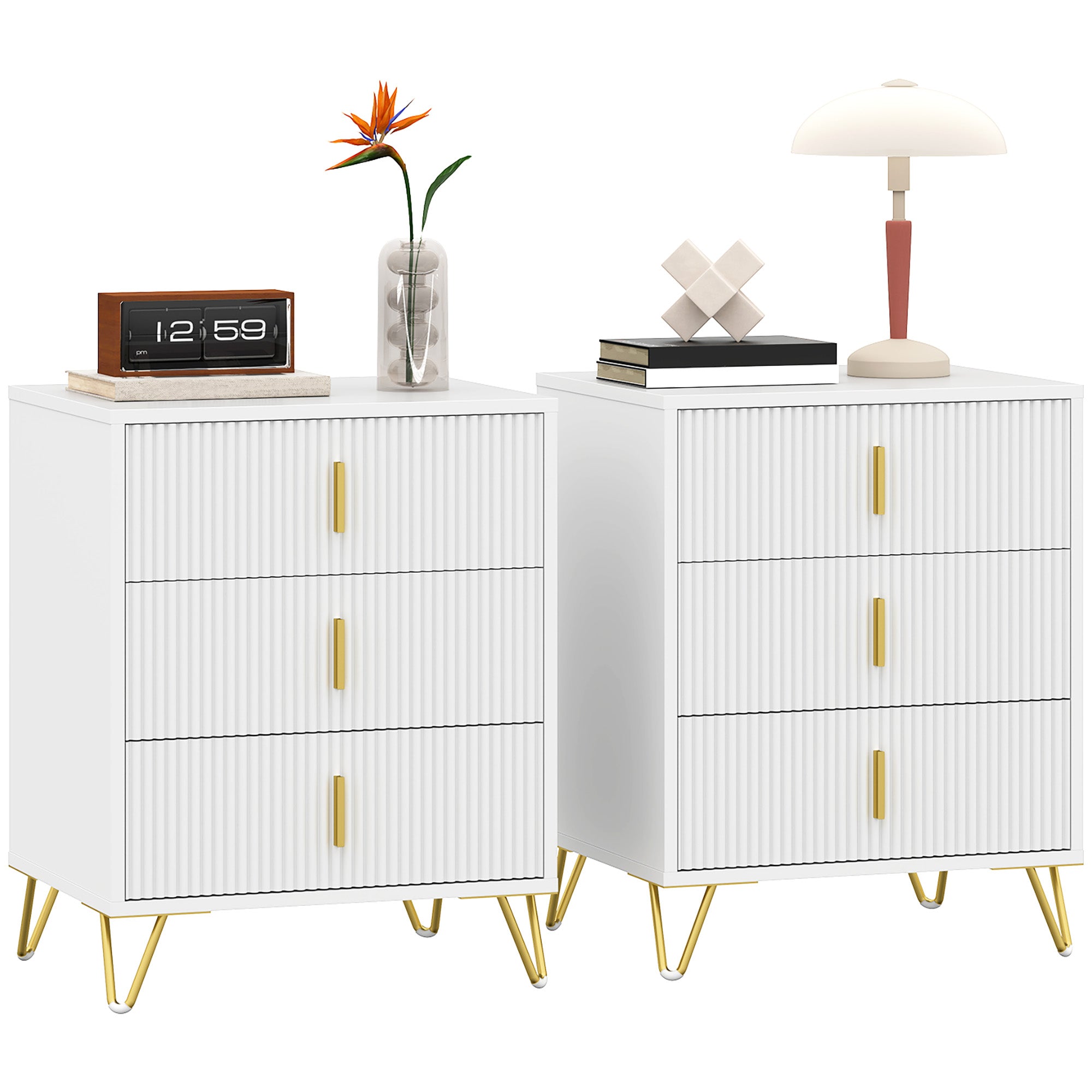 Set of 2 Elegant Chest of Three Drawers - White/Gold-Tone
