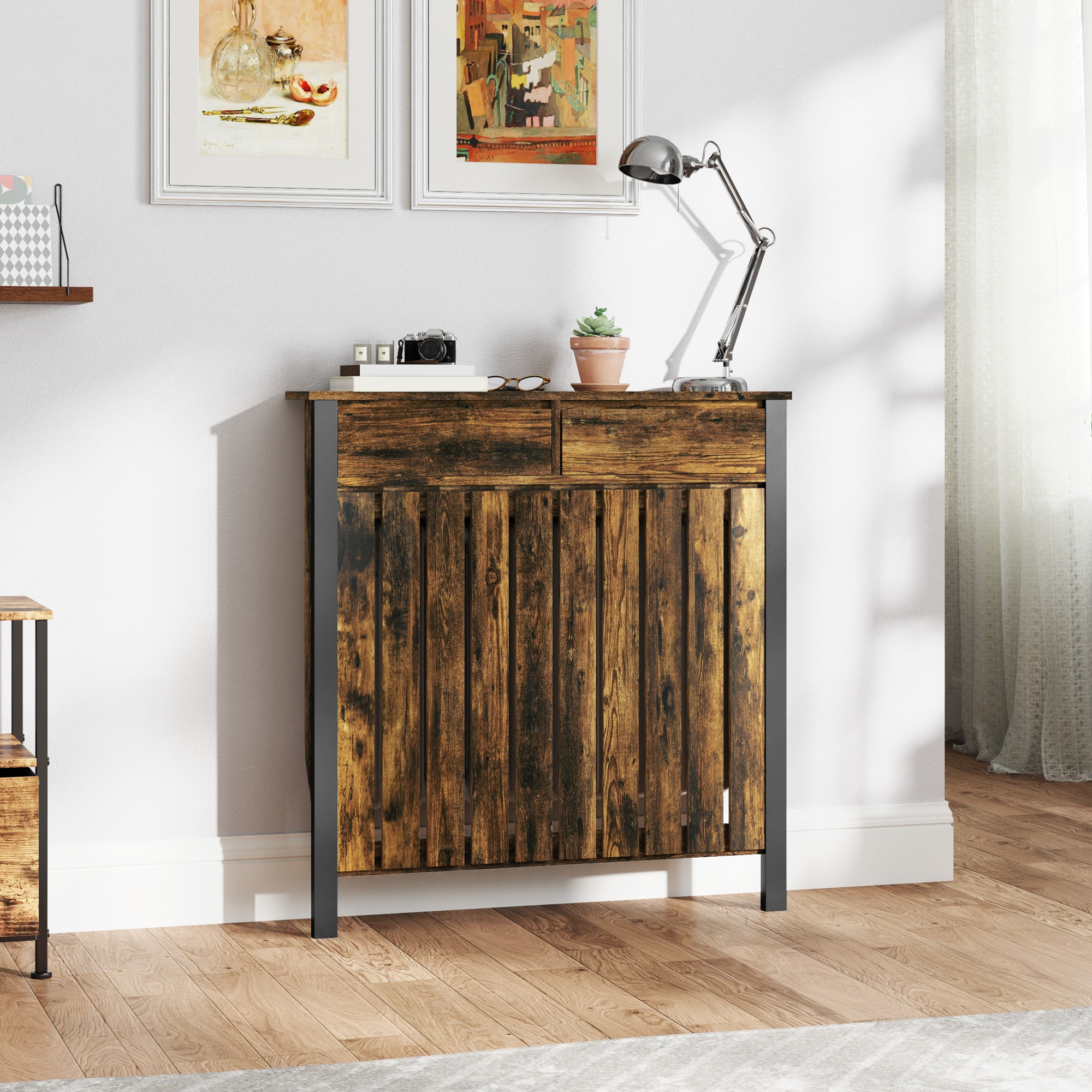 Fynco - 93 x 88.5cm Rustic-Look Radiator Cover - Brown/Black