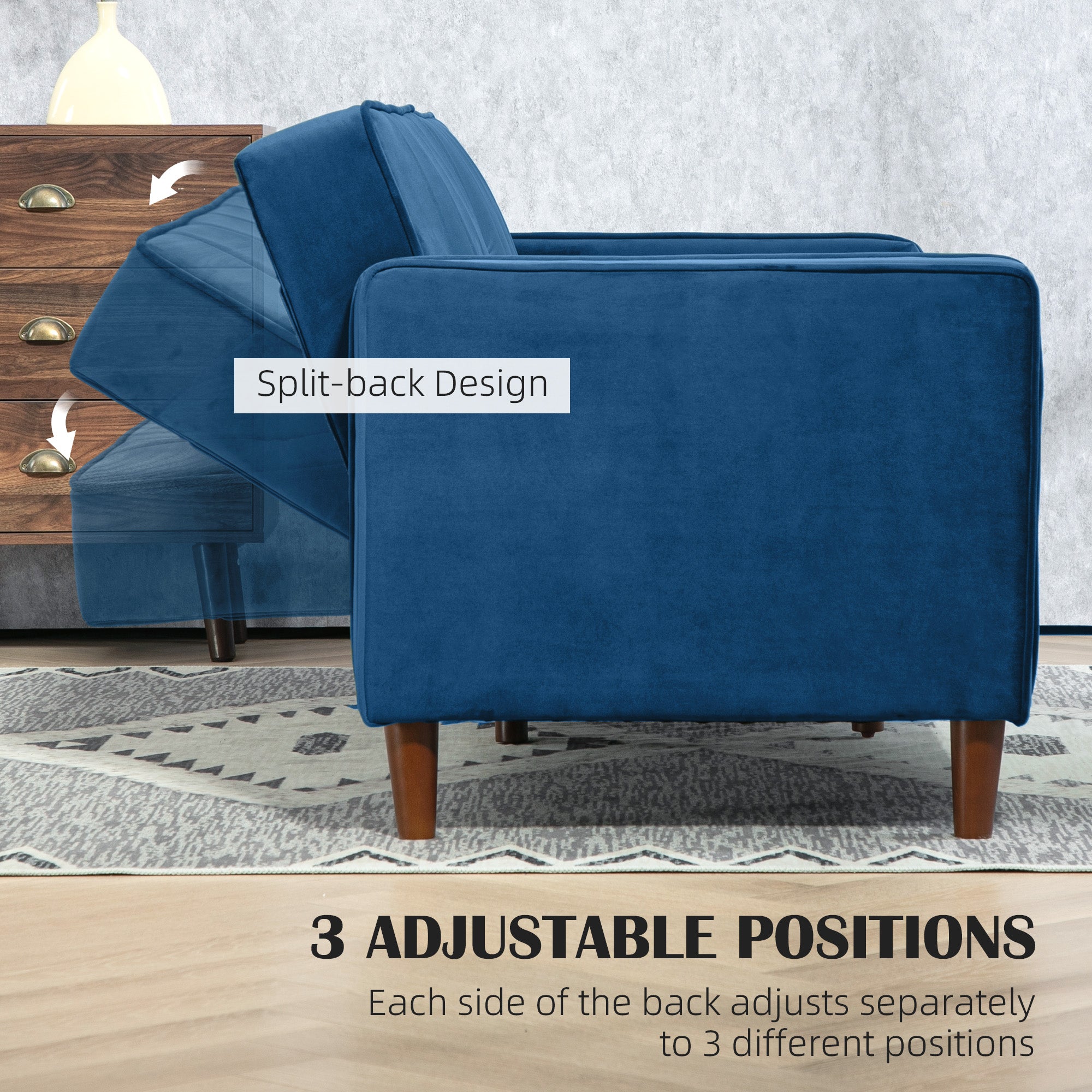 Velvet-Feel Three-Seater Sofa Bed - Blue