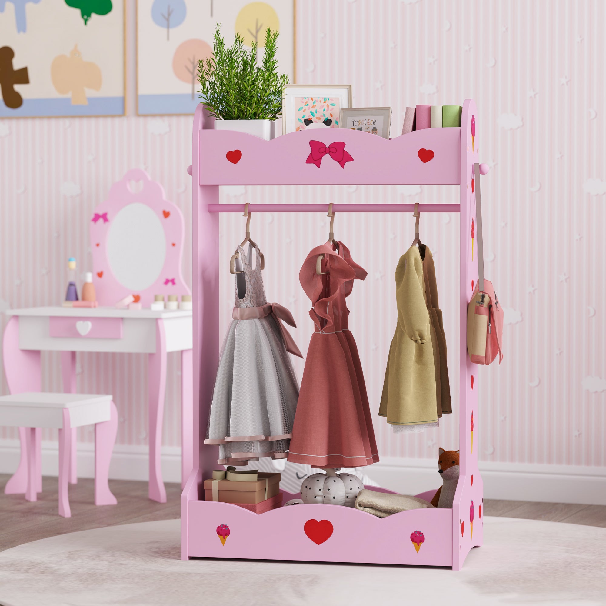 AIYAPLAY Kids Clothes Rail with Two Shelves, for 3-8 Years, Pink