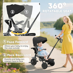 AIYAPLAY 6 in 1 Foldable Kids Trike with Adjustable Parent Handle & Canopy for Ages 1-5, Black