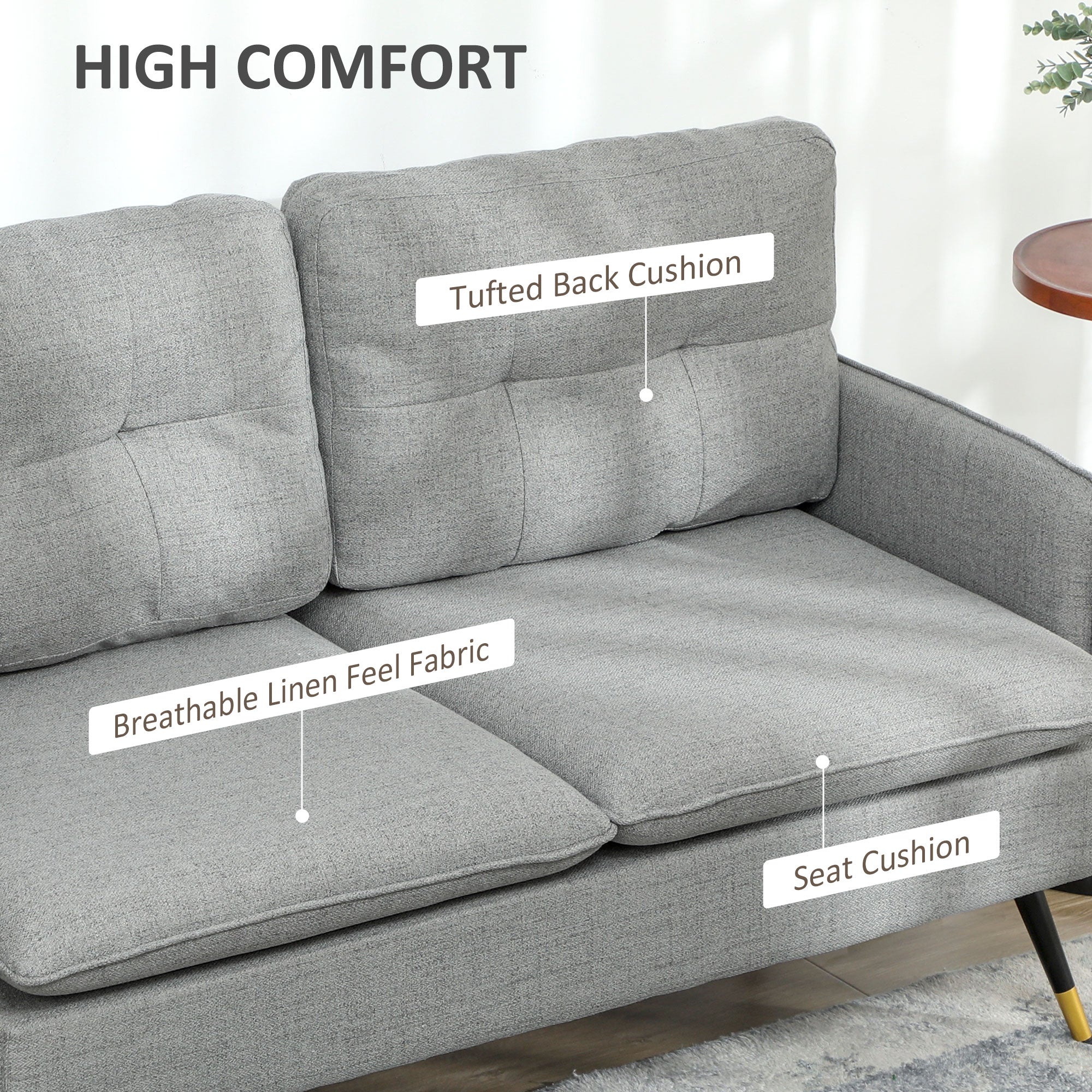 Modern Two Seater Sofa, Button Tufted Loveseat with Cushions and Steel Legs for Living Room, Guest Room, Grey