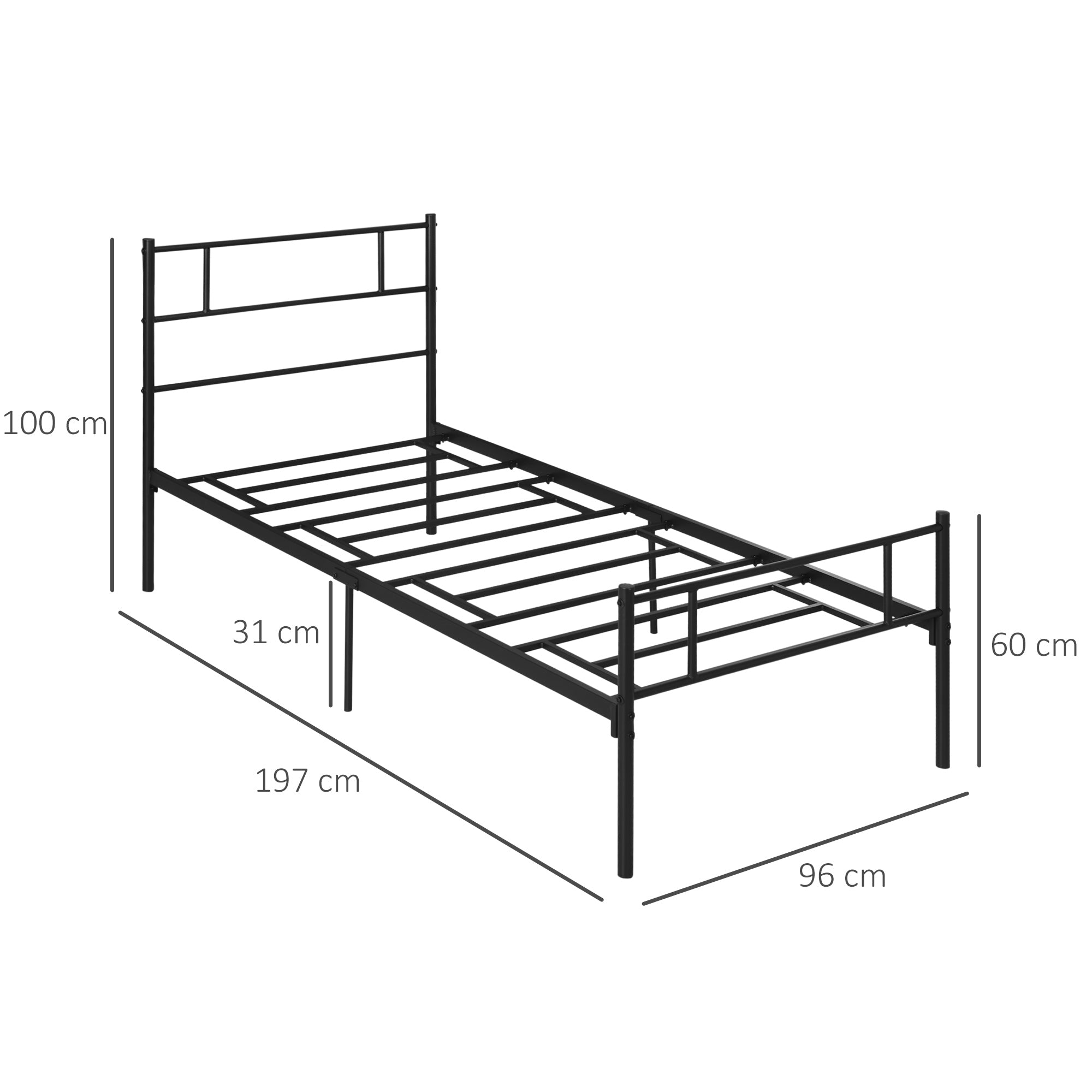 Single Metal Bed Frame Solid Bedstead Base with Headboard and Footboard, Metal Slat Support and Underbed Storage Space, Bedroom Furniture, Black