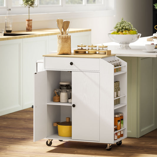 Fynco - Rolling Kitchen Island with 3-Tier Spice Rack, Kitchen Storage Cart with Drawer and Towel Rack, White