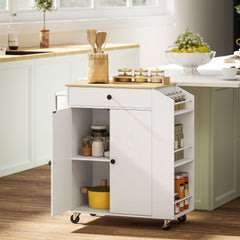 Fynco - Rolling Kitchen Island with 3-Tier Spice Rack, Kitchen Storage Cart with Drawer and Towel Rack, White