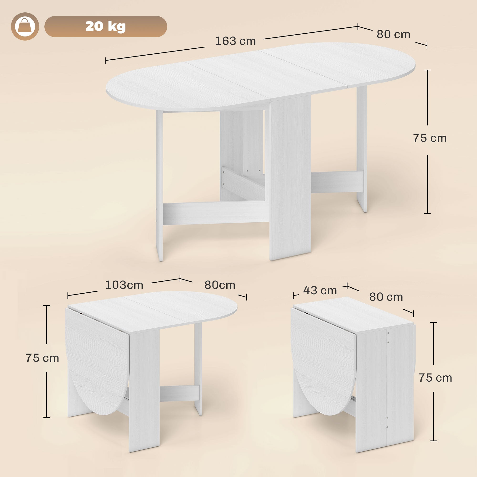 Folding Dining Table, Drop Leaf Table for Small Spaces, Oval Tabletop for Dining Room, Ash Wood-Effect