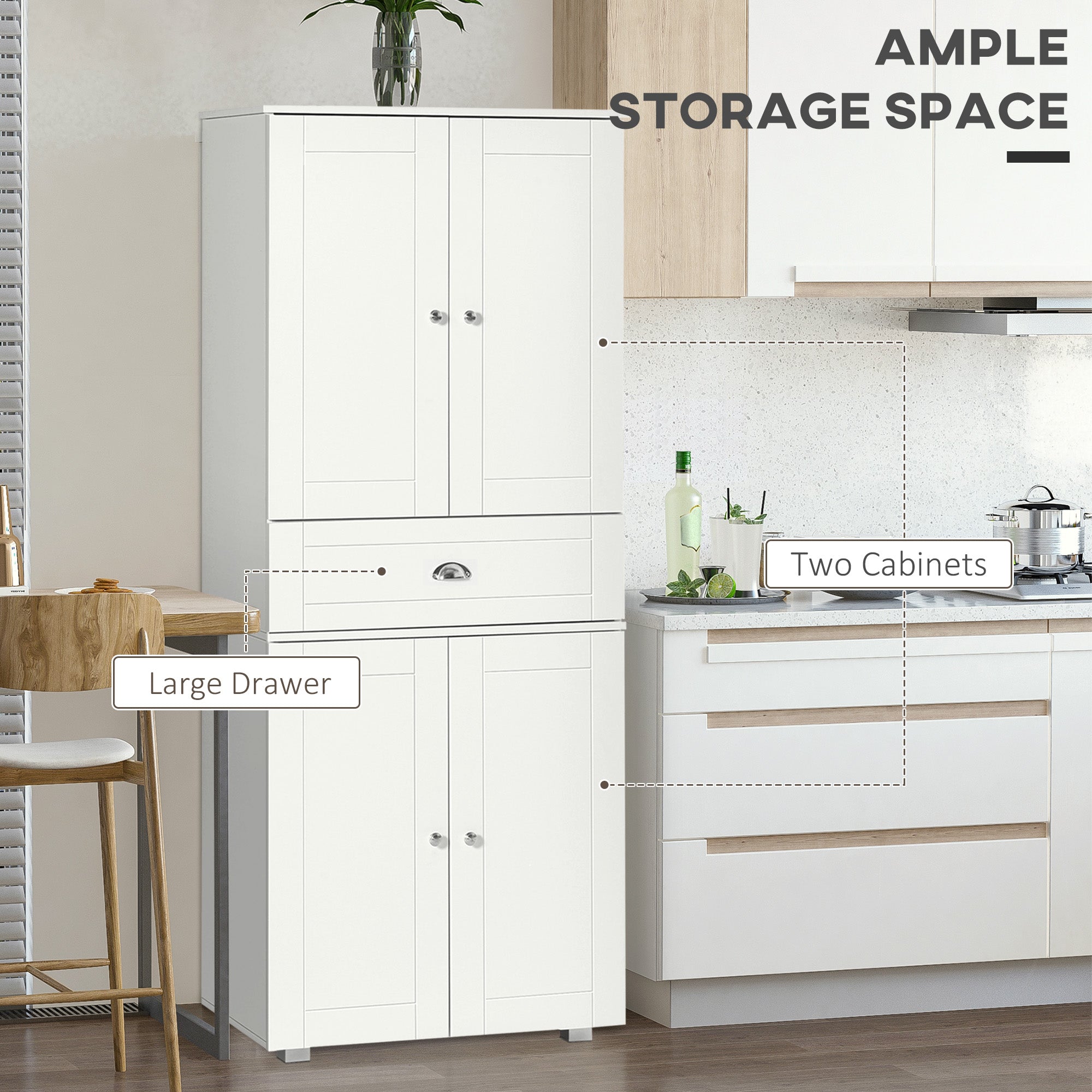 Fynco - Freestanding Tall Kitchen Cupboard Storage Cabinets with Drawer and 3 Adjustable Shelves for Dining Room, Living Room, White