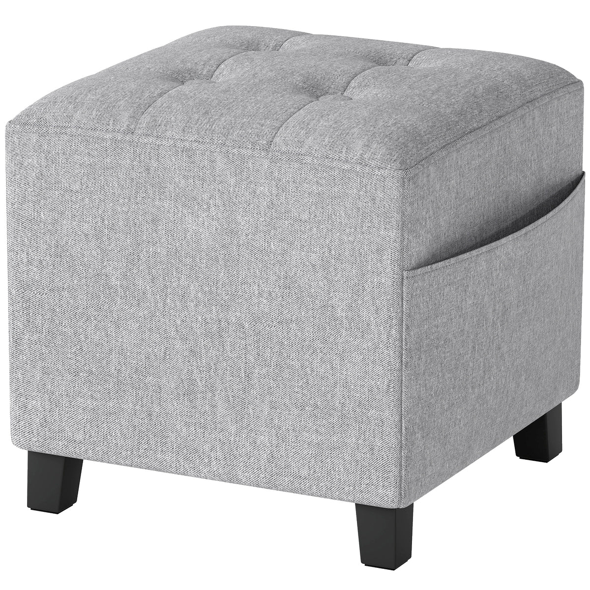 Fynco - Square Footstool, Small Ottoman with Side Pocket, Linen Fabric Footrest Foot Stool with Rubber Wood Legs and Padded Seat for Living Room, Bedroom, Entryway, 35 x 35 x 35cm, Light Grey