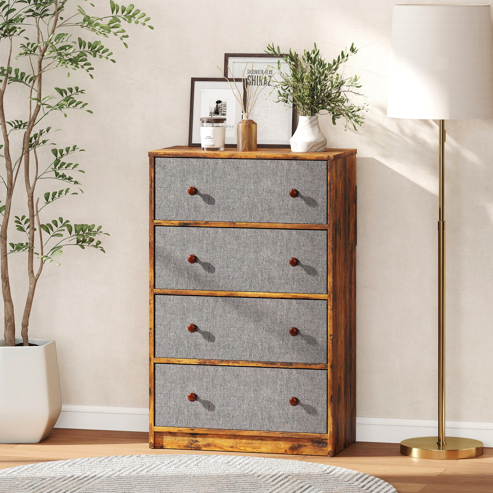 Chest of Drawers, Dresser with 4 Fabric Drawers - Grey and Rustic Brown