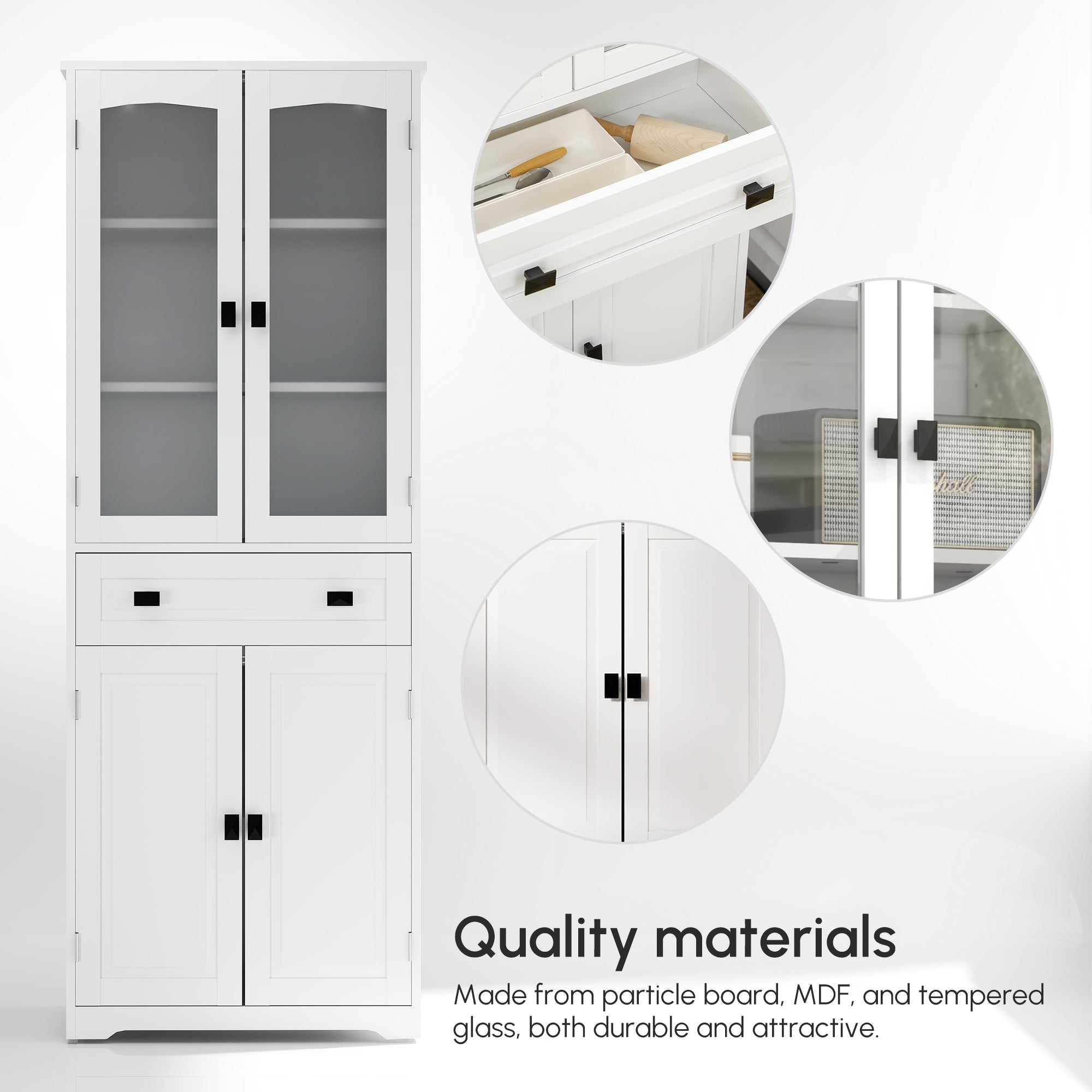 Kitchen Cupboard, Freestanding Storage Cabinet with 2 Adjustable Shelves, Drawer and Glass Door for Living Room, Dining Room, 160cm, White