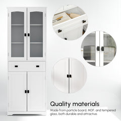 Kitchen Cupboard, Freestanding Storage Cabinet with 2 Adjustable Shelves, Drawer and Glass Door for Living Room, Dining Room, 160cm, White