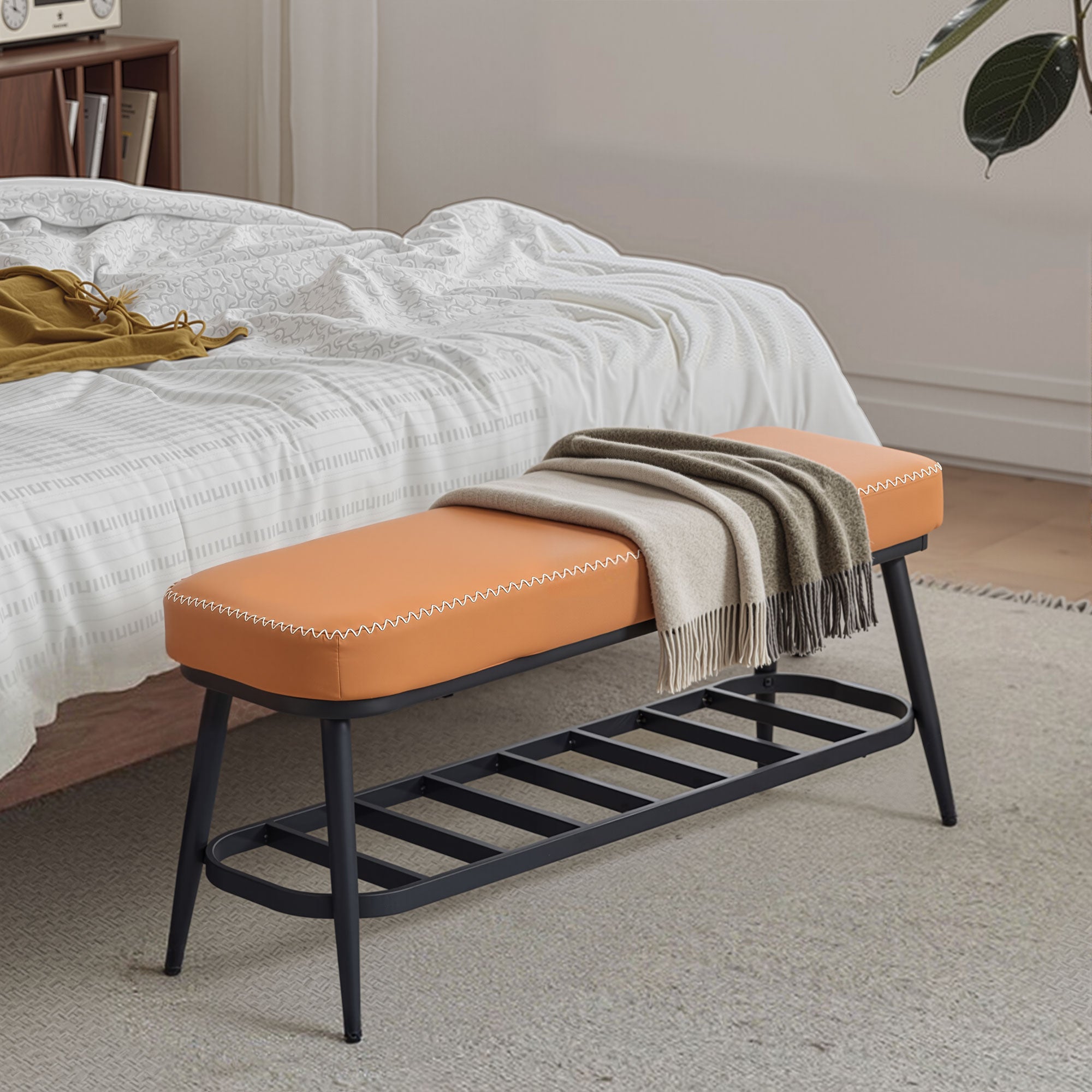 Fynco - PU Leather Shoe Storage Bench - Brown